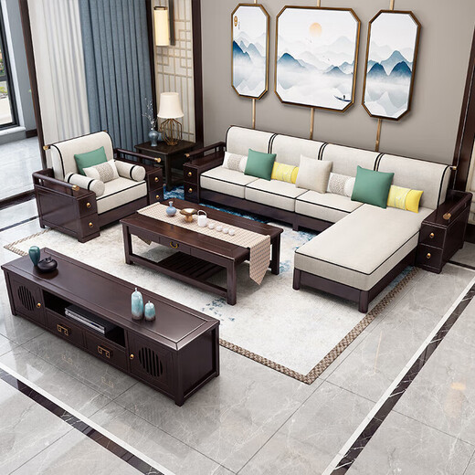 Salon de canapé en bois massif zihua Nouveau coin chinois Conccubine Fabbine combinaison meuble d'appartement de luxe léger haut de gamme 9902 siège à quatre personnes consécutives + tiroir table basse [cadre] couvercle de lin en coton