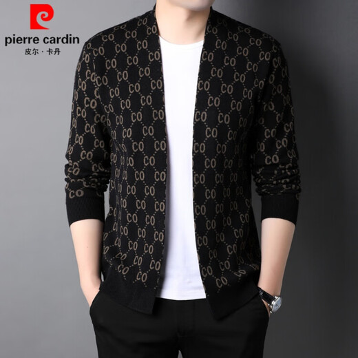 Pierre Cardin brand wool knitted cardigan men's young and middle-aged Korean style trendy fashion jacket casual handsome sweater jacket men black 2XL