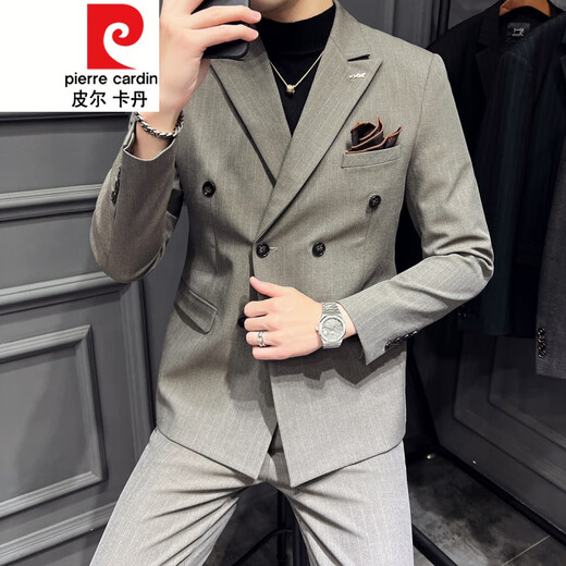
Pierre cardin (pierre cardin) double-breasted suit men's suit slim and casual Korean-English style formal wear men's wedding large-size suit trend 9922 dark gray [suit + trousers] tie 2XL