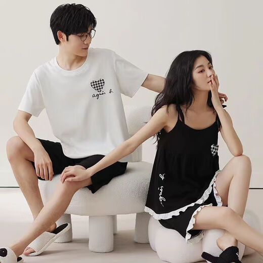 
Langsha (langsha) couple pajamas pure cotton suit summer short-sleeved suspender skirt cool thin style one man and one woman full cotton home clothing L9902 [high quality pure cotton] L men