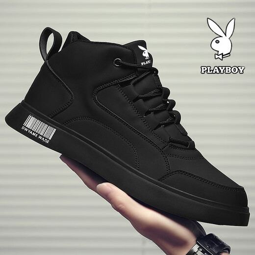 Playboy Shoes Men's Shoes 2025 New High Top Autumn and Winter Velvet Business Leather Shoes Men's Martin Boots Sports and Leisure Shoes Black 41