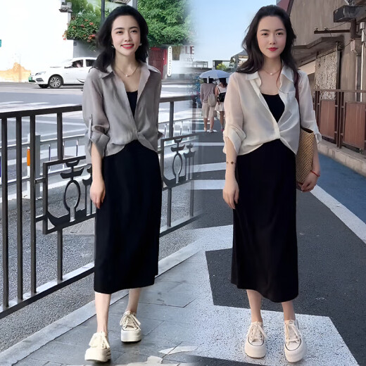 Suluolina (suluolina) 2025 Summer de primavera y otoño Summer Nuevo vestido de dos piezas para mujeres pequeños con ropa de temperamento de moda camisa gris + falda de honda negra XL 115-125Jin [Jin iguala 0.5 kg]