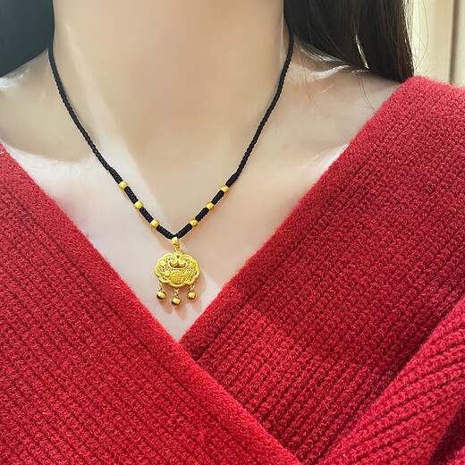 GSGD Old Phoenix Gold Pure Gold 999 Peaceful Blessing Lock Bag Longevity Lock Pendant Necklace Valentine's Day Gift Women's Gift Small Pure Gold Longevity Lock Pendant + 6 Gold Beads Black Rope