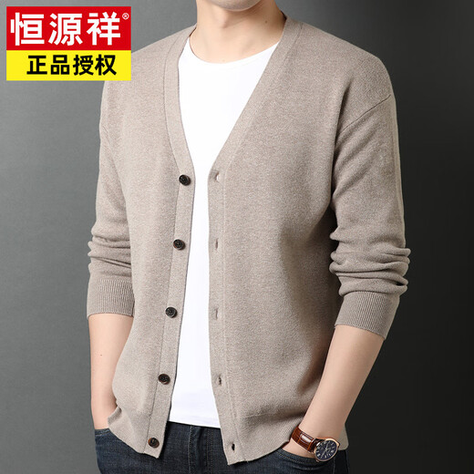 Hengyuanxiang knitted cardigan men's v-neck sweater spring and autumn coat middle-aged men's wool fleece sweater wool outer solid color sweater black comfortable and fashionable M 165 90-120Jin Jin equals 0.5 kg wear