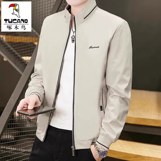 Woodpecker jacket men's business casual versatile autumn and winter new style young and middle-aged stand-up collar light luxury fashion plus velvet jacket men's Khaki XL recommended 120-145Jin Jin equals 0.5 kg
