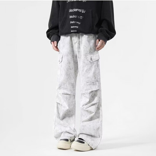 POUM American retro tie-dye workwear heavy jeans high street handsome wide-leg paratrooper pants trendy pleated dirty trousers dirty white regular XL 120-135Jin Jin is equal to 0.5 kg