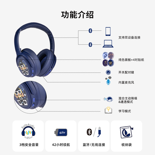 onanoff儿童蓝牙耳机头戴式飞机降噪益智玩具沉浸式无线大耳包 学生听音乐英语网课学习 CosmosFun海军蓝