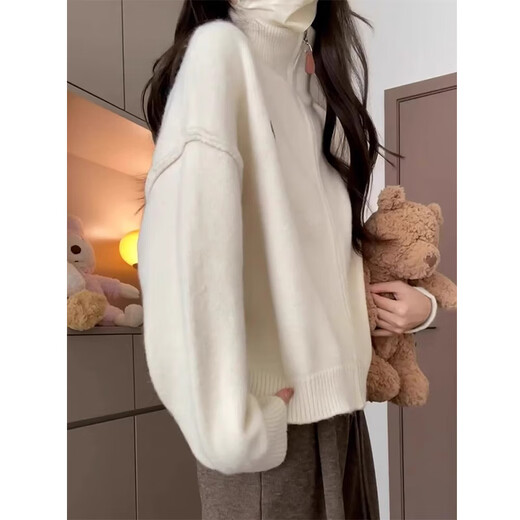 LDBE turtleneck sweater for women autumn and winter 2025 new relaxed Korean style lazy style soft waxy sweater zipper cardigan jacket beige M