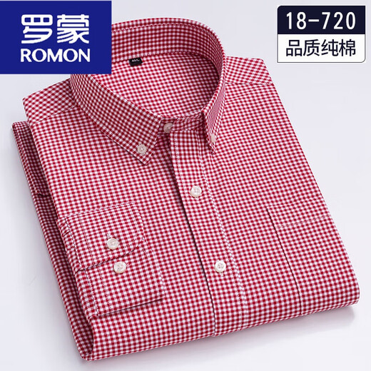 罗蒙（ROMON）男士小格子长袖衬衫春秋中青年休闲磨毛棉衬衣男装 18-719蓝白小格子 M 39110-120斤