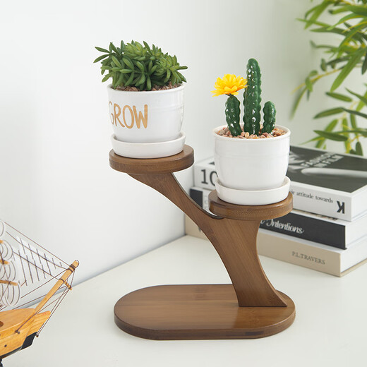 Kang Qianqiu desktop multi-layer small flower rack green ivy succulent flower pot plant balcony living room office desk mini flower pot rack bamboo wood tea gardening two-storey