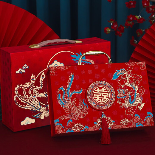 轻銮（QINGLUAN）彩礼盒结婚聘礼盒订婚礼金盒装10万现金彩礼箱婚礼提亲彩礼钱盒子 锦绣龙凤 中号可装6-12万 三件套 金葱金把礼金箱