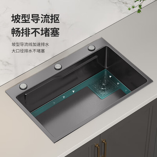 JMW Sink Large Single Slot 304 Stainless Steel Sink Kitchen Washbasin Integrated Basin Large Single Sink Sink 75X45 Gun Gray (Pull-out Faucet Package)