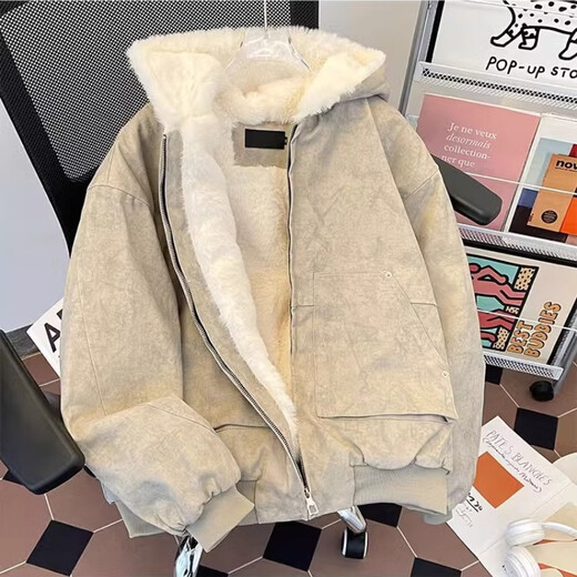 Yiran presents winter velvet thickened hooded cotton coat for men, old American high street retro youth sports warm trendy brand cotton coat, gray apricot M recommended 105-120 Jin Jin equals 0.5 kg