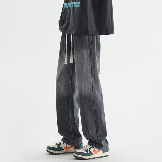 FOG SKY jeans men's summer trendy high street straight-leg pants men's American retro loose wide-leg casual pants SS-506 black gray 2XL (recommended 150-170Jin [Jin equals 0.5 kg])