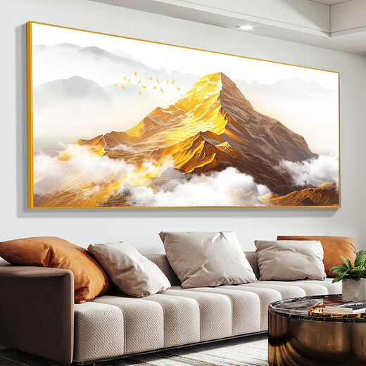 皖西秘境山水风景靠山挂画大气办公室壁画日照金山油画客厅沙发背景墙装饰 CT-3524-背靠金山 宽280cm高110cm(3.5米沙发) 【油画布】+黑铝框（5%客户选）