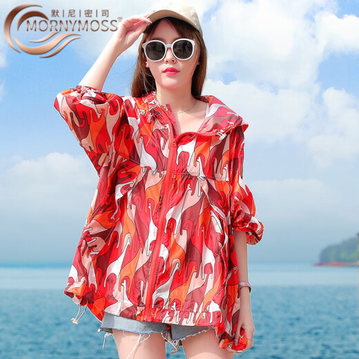Monimisi sun protection clothing women's summer thin 2024 breathable jacket loose mid-length top outdoor fitness hiking quick-drying clothing flame red M