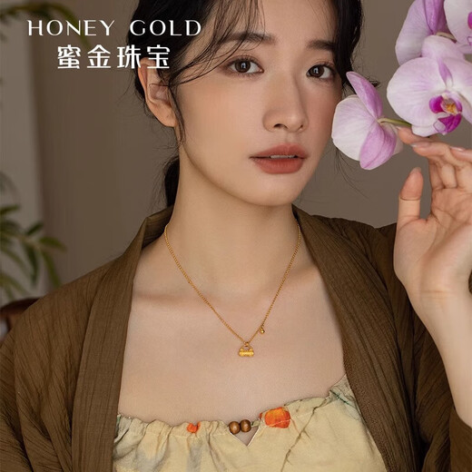 HONEYGOLD 蜜金珠宝黄金项链足金古法手工金素花锁包套链HGC1381工费320元/件 7.65g 45＋2cm