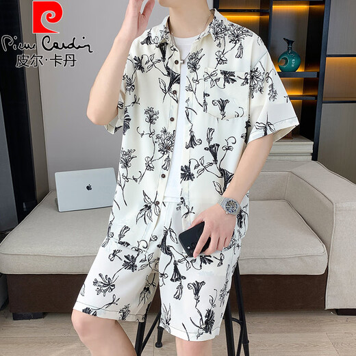 
Pierre cardin ice silk short-sleeved shirt suit men's summer casual cool quick-drying floral shirt with beach shorts two-piece set 679 black suit M 90-110Jin [Jin equals 0.5 kg]