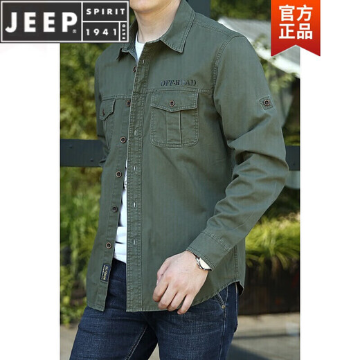 JEEP SPIRITPIRIT长袖衬衫男士春秋休闲纯棉大码宽松衬衣青年上衣薄款外套男 加绒军绿色1389 S 均码