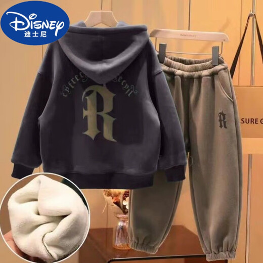 Disney (Disney) Boys Winter Wear Suit 2025 New Medium and Large Children's Autumn and Winter Western Style Children's Boys' Velvet Thickened Sweater Two-piece Set Dark Gray Velvet Two-piece Set 150