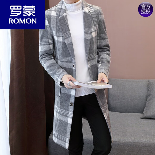 ROMON 2026 new autumn and winter mid-length windbreaker men's Korean style casual coat plus velvet and thickened plaid woolen coat 803 gray 2XL