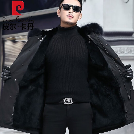 Pier Cardin Parker Coat Men's Fur Coat Rabbit Fox Fur Inner Bottom Fur Inner Bottom Fur Plus Fur Winter Grey Inner Bottom (Medium-length) XL Recommended 120-135Jin [Jin equals 0.5 kg]