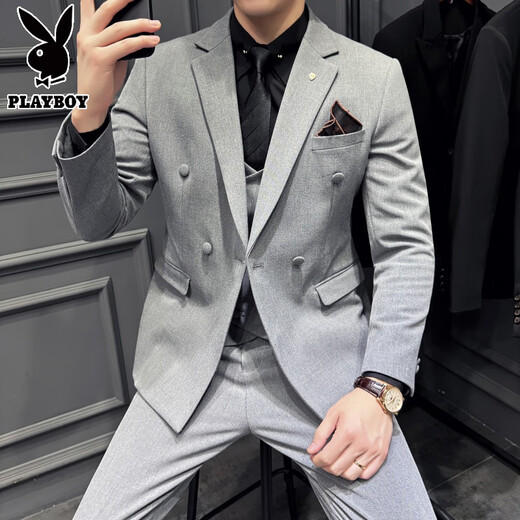Playboy 2025 new men's three-piece wedding dress casual formal fit British suit black L (suitable for 111-125 Jin Jin equals 0.5 kg)