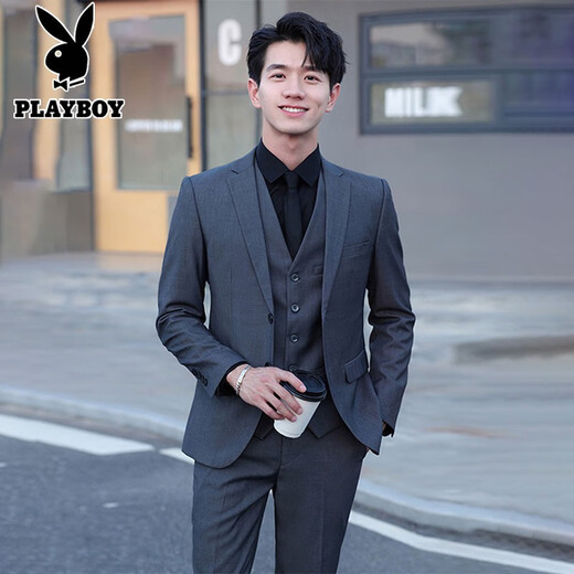 Playboy High-end Suit Suit Men's Business Casual Groom and Groomsman Suit Three-piece Formal Clothes Men's Black One Button (Single-piece Suit) 2XL