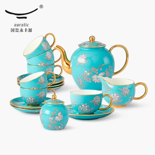 Chinese porcelain Yongfengyuan ink peony 17-head tea and coffee set (1100ml)