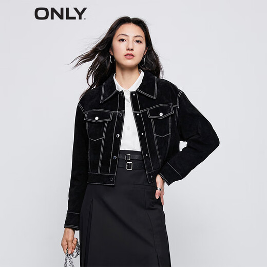 ONLY秋冬时尚百搭短款翻领直筒夹克皮衣女|123310004 E03 乌黑 S 160/80A