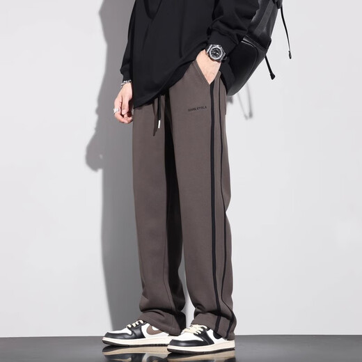 GPEJ plus velvet thickened men's pants autumn and winter side stripes black casual pants men's wide-leg straight-leg waist pants trousers winter 831 brown plus velvet XL