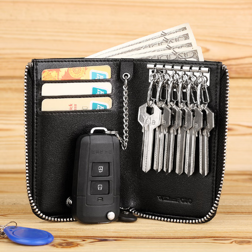 WILLIAMPOLO Emperor Paul genuine leather key bag for men's head layer leather zipper waist padlock bag Father's Day gift for dad Black-no-hanging buckle (6 locks, 4 cards, 1 car)