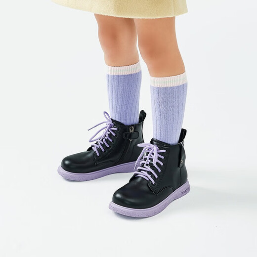 泰兰尼斯女童靴子儿童马丁靴冬季新款女童加绒短靴真皮软底保暖靴子 黑紫 23 内长15.0cm