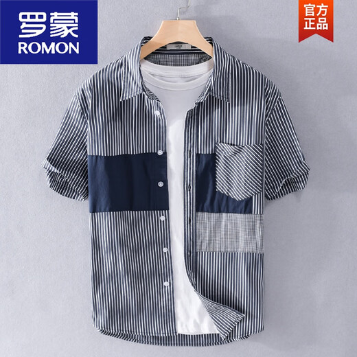 
ROMON striped shirt men's summer men's short-sleeved design niche splicing new men's cotton casual shirt 9738 black stripes L Recommended weight 125-140Jin [Jin equals 0.5 kg]