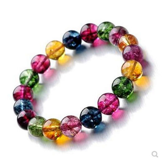 Xiyinfu Tourmaline Bracelet Watermelon Tourmaline Women's Crystal Bracelet Decorated with Explosive Crystal Candy Seven-Colored Peach Blossom 8mm Bead Diameter 16cm