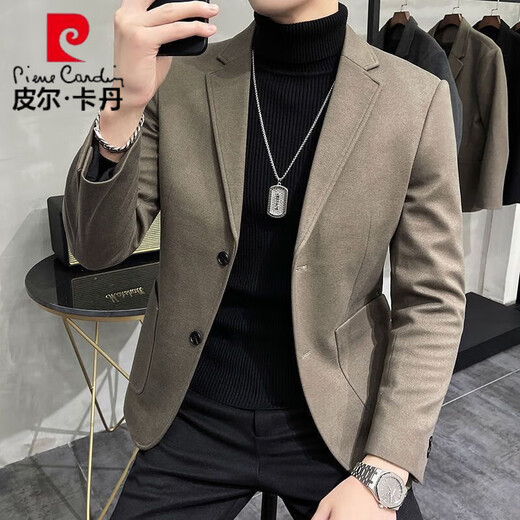 Pierre Cardin woolen casual small suit jacket spring and autumn Korean style single suit top business men's high-end handsome men's suit khaki color L recommended 110-130Jin Jin equals 0.5 kg