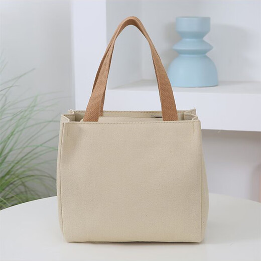 Pengjing Chinese Valentine's Day Canvas Lunch Box Handbag Canvas Bag Work Lunch Box Large Capacity Simple Simple Office Worker Student Versatile Mummy Three Bears Bag Khaki