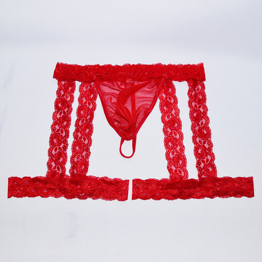 Ye Zimei men's lace suspenders thong men's sexy underwear transparent mesh t-pants leggings sexy see-through shorts red one size