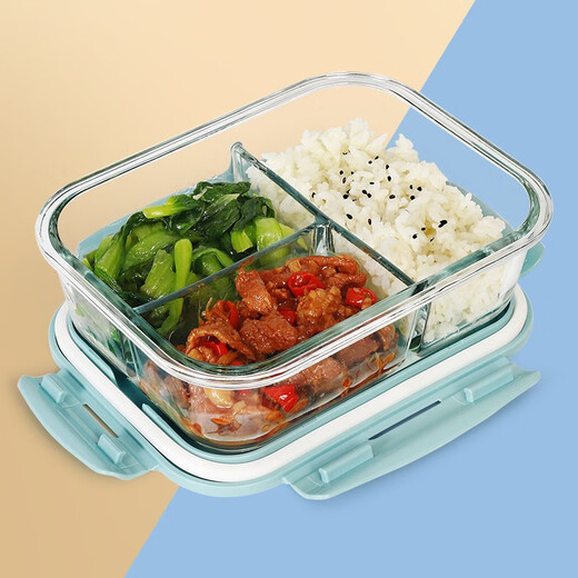 Demas heat-resistant glass crisper microwave lunch box refrigerator storage office worker lunch bowl Nordic blue three compartments 1000ml