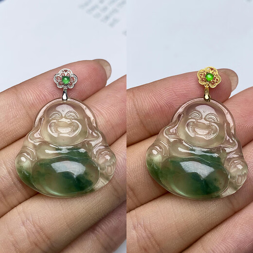 Beyou 18K gold buckle head with retro pattern craftsmanship, jadeite A top bead inlaid with K gold jade pendant, melon seed buckle, versatile buckle, 18k gold, white straight hole