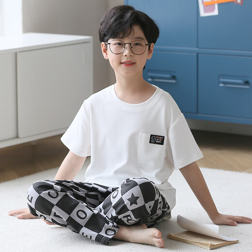 曼妮朵睡衣男童夏季新款短袖长裤男孩大童春秋青少年纯棉儿童空调家居服 N9901【短长】 165cm L码建议160-165cm