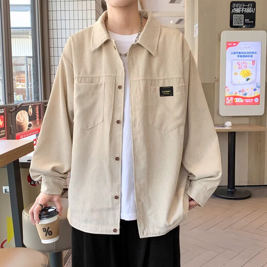 KIEXI Jacket Jacket Men's 2025 Spring and Autumn Japanese Corduroy Trendy Retro Outerwear Shirt Style Velvet Versatile Work Wear Regular Khaki Thin L 110-130Jin Jin is equal to 0.5 kg