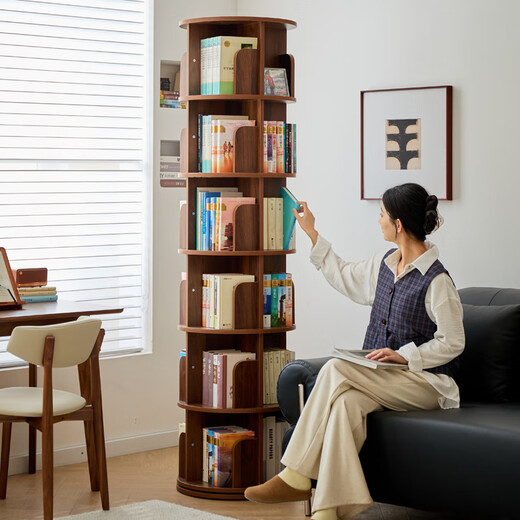 Sanqihu rotating bookshelf multi-layer bookcase corner vertical bookshelf floor-standing integrated wall-mounted 17 chassis 46cm all solid wood six layers walnut color-chassis 44cm