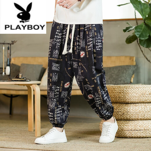 Playboy (PLAYBOY) linen summer men's printed bloomers loose trousers nine-point harem casual pants large size wind flower pants K299 Thai style blue 2XL [recommended 160-170Jin [Jin equals 0.5 kg]]