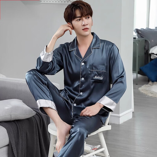 Modal pajamas men's summer silk ice silk long-sleeved home clothes spring and autumn thin imitation silk home clothes set MD6622 3XL