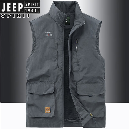 JEEP SPIRIT吉普男士立领多袋速干马甲春秋季新款工装户外中年休闲坎肩马夹 卡其色 677 L