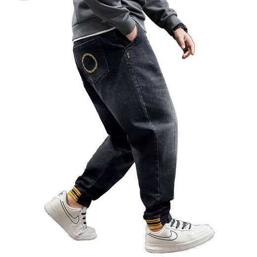 Fei Shimi Autumn New Fashion Brand Elastic Small Foot Jeans Fat Loose and All-Match Pants Elastic Waist Fat Pants 300 Jin [Jin equals 0.5 kg] Black 9901 XL 1 (130-150 Jin [Jin equals 0.5 kg])