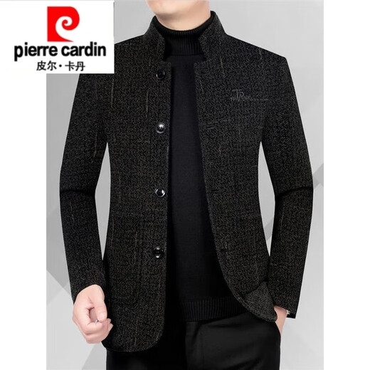 皮尔卡丹（pierre cardin）男装呢夹克秋冬新款立领外套爸爸装加绒加厚上衣 黑色6211FL M 170