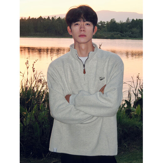 Katuchi American stand-up collar half-zip sweatshirt for men in autumn heavy-weight long-sleeved bottoming shirt high street trendy sports inner wear white gray regular style 2XL recommended 140-160Jin Jin equals 0.5 kg