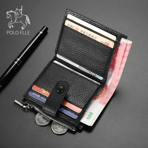 Cobia Paul Wallet Men's Short Leather Wallet Multi-Card Wallet Business Cowhide Men's Couple Wallet Zipper Certificate Bag Black Black